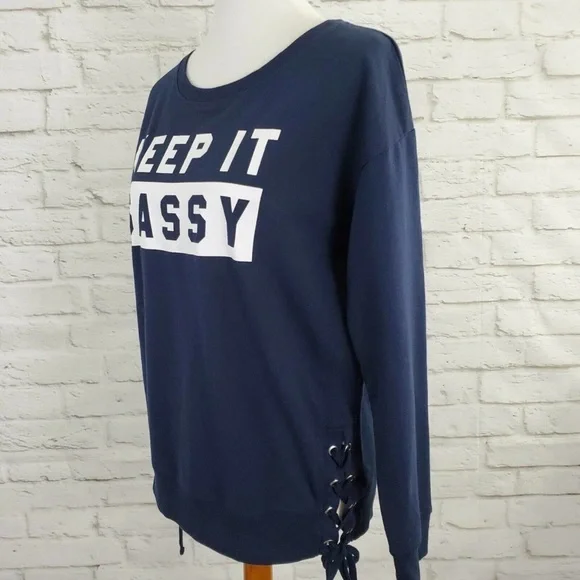 Fifth Sun Keep It Sassy Top L Large Blue White Spell Out Graphic Lace Up Sides - Picture 3 of 9